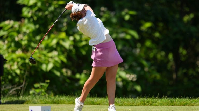 Lottie Woad hits from the seventh tee during the final round of the Queen City Championship LPGA golf tournament at Maketewah Country Club, Sunday, May 17, 2026, in Cincinnati. (AP Photo/Jeff Dean)