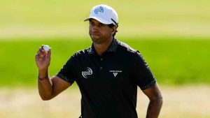 Aaron Rai, of England, waves on the 11th green during the final round of the PGA Championship golf tournament at Aronimink Golf Club, Sunday, May 17, 2026, in Newtown Square, PA. (Carolyn Kaster/AP)