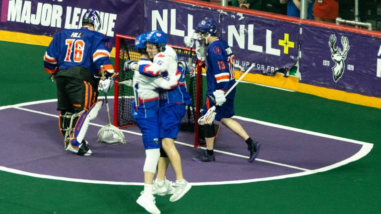 The Toronto Rock celebrate a goal during first quarter NLL Lacrosse action in Halifax, Sunday, May 17, 2026. THE CANADIAN PRESS/Riley Smith