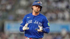 Toronto Blue Jays' Ernie Clement reacts after hitting a three-run home run during the fourth inning of a baseball game against the New York Yankees, Monday, May 18, 2026, in New York. (Seth Wenig/AP)