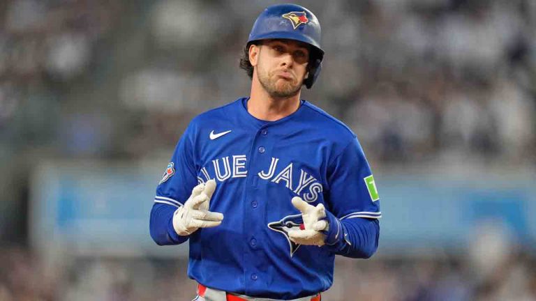 Toronto Blue Jays' Ernie Clement reacts after hitting a three-run home run during the fourth inning of a baseball game against the New York Yankees, Monday, May 18, 2026, in New York. (Seth Wenig/AP)