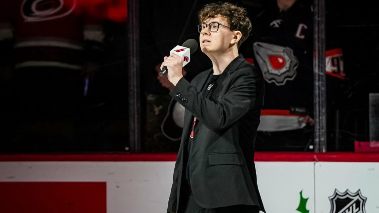 Mason Greer sings the Canadian national anthem before a Carolina Hurricane game against the Edmonton Oilers in Raleigh, North Carolina on November 22, 2023, THE CANADIAN PRESS/Handout - Josh Lavelle (Mandatory Credit)