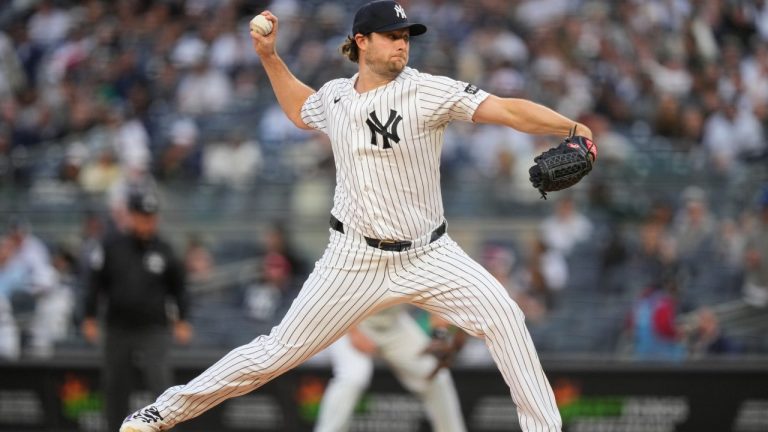 New York Yankees pitcher Gerrit Cole throws during the first inning of a baseball game against the Tampa Bay Rays, Friday, May 22, 2026, in New York. (AP Photo/Yuki Iwamura)