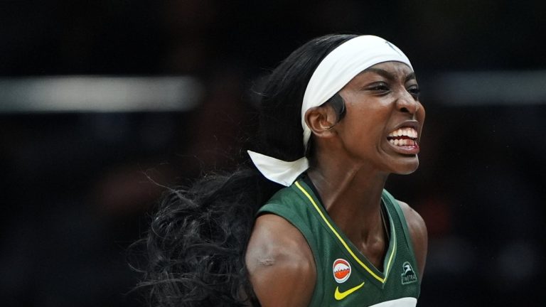 Seattle Storm guard Flau'jae Johnson reacts after a basket against the Connecticut Sun during the second half of a WNBA basketball game, Friday, May 22, 2026, in Seattle. (AP Photo/Lindsey Wasson)