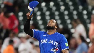 Toronto Blue Jays first baseman Vladimir Guerrero Jr. celebrates after his team's victory over the Baltimore Orioles in a baseball game, Thursday, May 28, 2026, in Baltimore. (Stephanie Scarbrough/AP)
