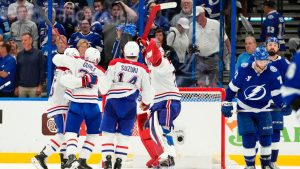 Montreal Canadiens players celebrate after the team defeated the Tampa Bay Lightning in Game 7 of an NHL hockey Stanley Cup first-round playoff series, Sunday, May 3, 2026, in Tampa, Fla. (Chris O'Meara/AP)