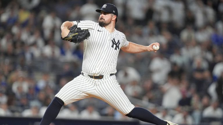New York Yankees pitcher Carlos Rodón delivers against the Toronto Blue Jays during the first inning of Game 3 of the American League Division Series, Tuesday, Oct. 7, 2025, in New York. (AP/Frank Franklin II)
