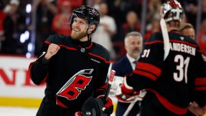 Carolina Hurricanes' Nikolaj Ehlers, left, celebrates following Game 5 of the Eastern Conference finals NHL hockey Stanley Cup playoff series against the Montreal Canadiens in Raleigh, N.C., Friday, May 29, 2026. (Karl DeBlaker/AP)
