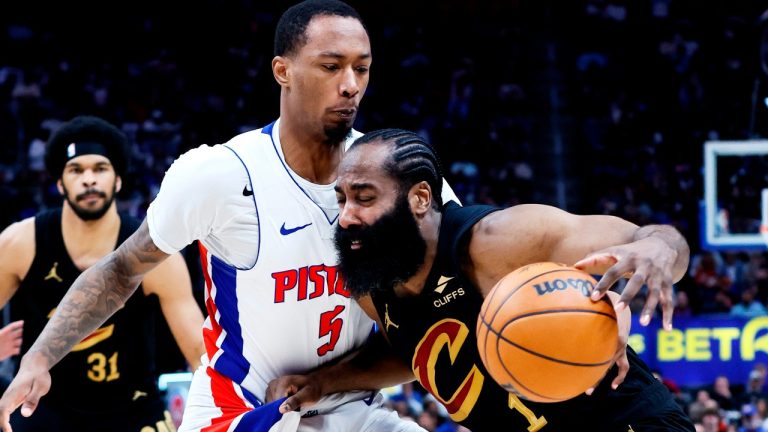 Cleveland Cavaliers guard James Harden (1) drives against Detroit Pistons forward Ronald Holland II (5) during the first half in Game 2 of a second-round NBA playoffs basketball series, Thursday, May 7, 2026, in Detroit. (Duane Burleson/AP)