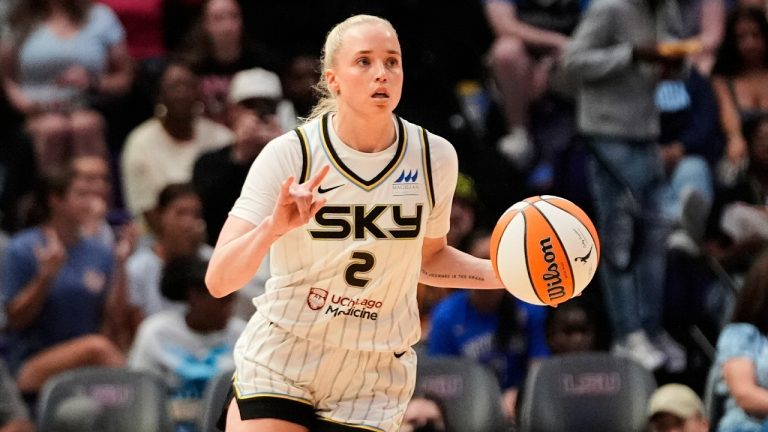 FILE - Chicago Sky guard Hailey Van Lith (2) moves the ball down court in the second half a WNBA exhibition basketball game against Brazil in Baton Rouge, La., May 2, 2025. (Gerald Herbert/AP)