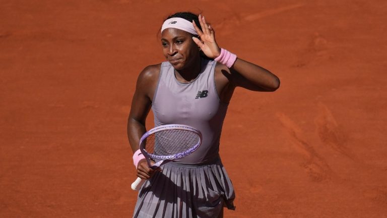 Coco Gauff of the U.S. celebrates after winning against Taylor Townsend of the U.S. during their first round women's singles tennis match at the French Open tennis tournament in Paris, Tuesday, May 26, 2026. (Christophe Ena/AP)