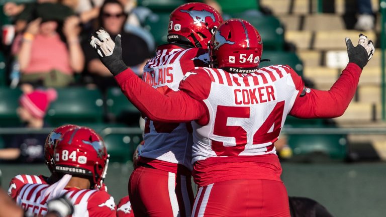Calgary Stampeders' Joshua Coker (54) and William Langlais (23) celebrate a touchdown against the Edmonton Elks during first half CFL action in Edmonton on Saturday, September 9, 2023. (Jason Franson/CP)