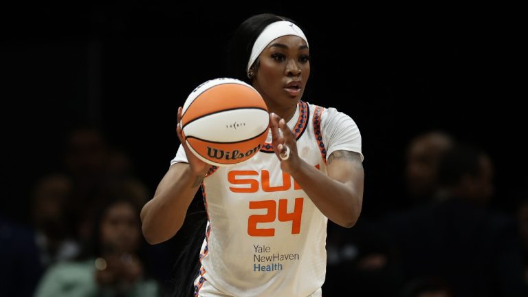Connecticut Sun forward Aneesah Morrow (24) dribbles during a WNBA basketball game against the New York Liberty in New York on Friday, May 8, 2026. (Adam Hunger/AP)