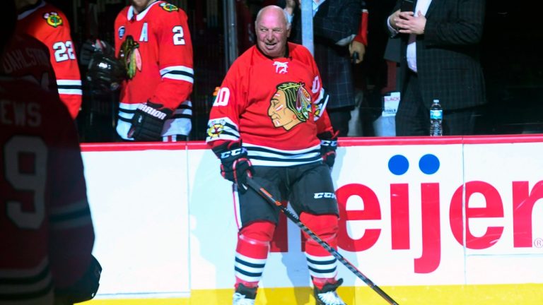 Former Chicago Blackhawks player Dennis Hull was honored in a "One More Shift" ceremony before an NHL hockey game between the Blackhawks and the Calgary Flames on Monday Jan. 7, 2019, in Chicago. (Matt Marton/AP)