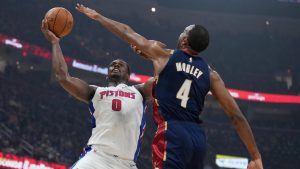 Detroit Pistons' Jalen Duren (0) shoots as Cleveland Cavaliers' Evan Mobley (4) defends in the first half of Game 6 of a second-round NBA basketball playoffs series Friday, May 15, 2026, in Cleveland. (Sue Ogrocki/AP)