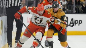 Anaheim Ducks left wing Jeffrey Viel and Vegas Golden Knights right wing Pavel Dorofeyev vie for the puck during the first period of Game 1 of a second-round Stanley Cup playoff series Monday, May 4, 2026, in Las Vegas. (AP/John Locher)