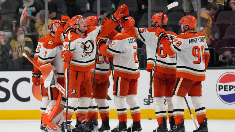 Anaheim Ducks players celebrate after defeating the Vegas Golden Knights in Game 2 of a second-round NHL hockey Stanley Cup playoff series Wednesday, May 6, 2026, in Las Vegas. (John Locher/AP)