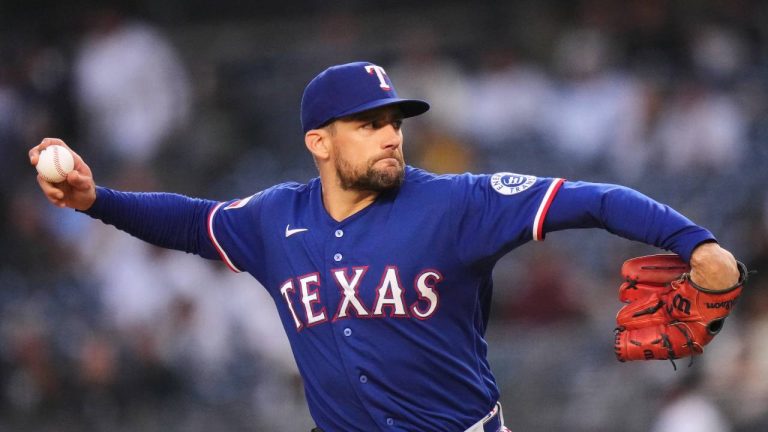 Texas Rangers' Nathan Eovaldi pitches during the first inning of a baseball game against the New York Yankees, Wednesday, May 6, 2026, in New York. (Frank Franklin II/AP)