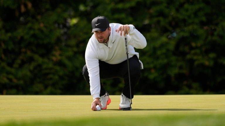Chris Gotterup lines up his ball on the 12th green during the second round of the PGA Championship golf tournament at Aronimink Golf Club, Friday, May 15, 2026, in Newtown Square, PA. (Carolyn Kaster/AP)