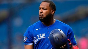 Toronto Blue Jays' Vladimir Guerrero Jr. reacts after striking out against Tampa Bay Rays pitcher Nick Martinez during the first inning of a baseball game Monday, May 4, 2026, in St. Petersburg, Fla. (Chris O'Meara/AP)