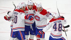 Montreal Canadiens players celebrate a goal by right wing Ivan Demidov during the third period in Game 5 of a second-round NHL hockey Stanley Cup playoff series against the Buffalo Sabres Thursday, May 14, 2026, in Buffalo, N.Y. (Jeffrey T. Barnes/AP)