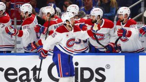 Montreal Canadiens centre Alex Newhook (15) celebrates after his goal during the first period in Game 2 of a second-round NHL hockey Stanley Cup playoff series against the Buffalo Sabres, Friday, May 8, 2026, in Buffalo, N.Y. (Jeffrey T. Barnes/AP)