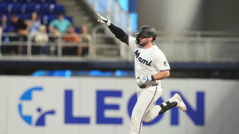 Miami Marlins' Liam Hicks gestures to the bullpen after hitting a two-run-home run during the first inning of a baseball game against the Baltimore Orioles Thursday, May 7, 2026, in Miami. (Marta Lavandier/AP)