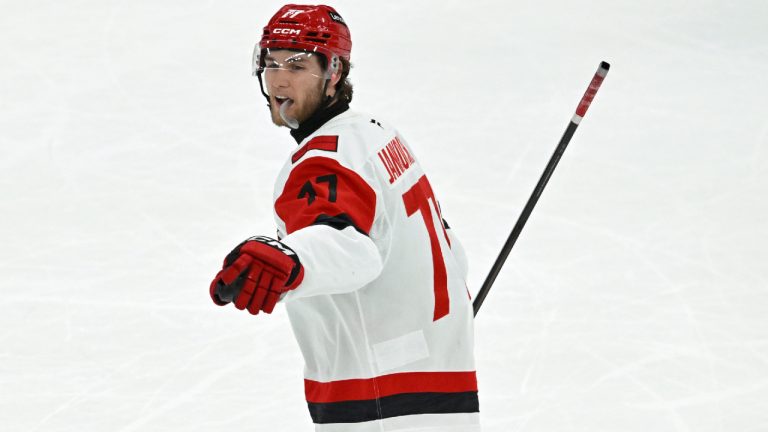 Carolina Hurricanes' Mark Jankowski celebrates after scoring during the third period of an NHL hockey game against the Chicago Blackhawks in Chicago, Thursday, April 9, 2026. (Paul Beaty/AP)