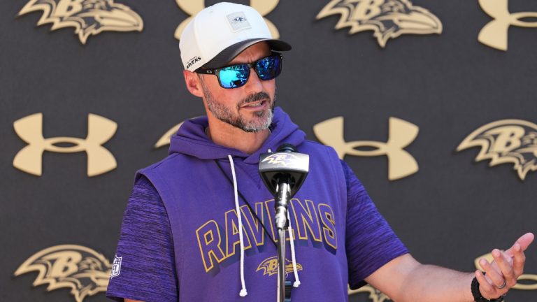 Baltimore Ravens head coach Jesse Minter speaks during a press conference after the NFL football team's practice, Tuesday, May 19, 2026, at the Under Armour Performance Center in Owings Mills, Md. (Stephanie Scarbrough/AP)