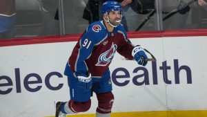Colorado Avalanche center Nazem Kadri (91) in the first period of an NHL hockey game Monday, March 30, 2026, in Denver. (AP Photo/David Zalubowski)