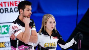 Canada’s Kadriana and Colton Lott scored six in the sixth end en route to a 12-5 win over Scotland at the world mixed doubles curling championship on Tuesday. The Lotts discuss strategy during the Canadian Mixed Doubles Curling Championship final. (Jeff McIntosh/THE CANADIAN PRESS)
