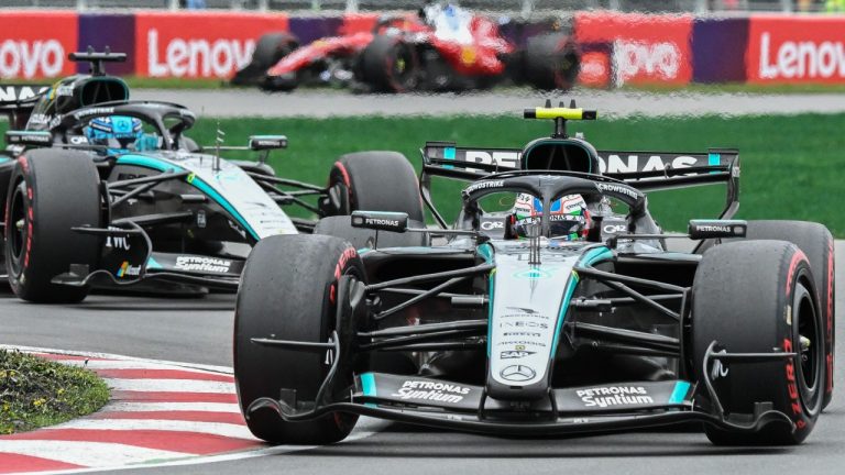 Mercedes driver Kimi Antonelli of Italy leads teammate George Russell of the United Kingdom during Formula One auto racing Canadian Grand Prix in Montreal on Sunday, May 24, 2026. THE CANADIAN PRESS/Graham Hughes