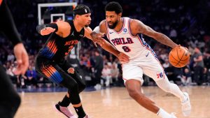 Philadelphia 76ers forward Paul George drives past New York Knicks guard Josh Hart during the second half of Game 2 in a second-round NBA playoffs series, Wednesday, May 6, 2026, in New York. (AP/Yuki Iwamura)