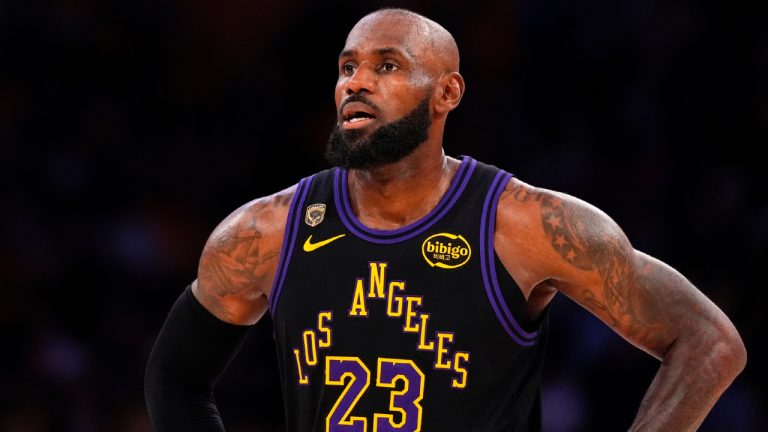 Los Angeles Lakers forward LeBron James stands on the court in the closing minutes of Game 4 in a second-round NBA basketball playoffs series against the Oklahoma City Thunder, Monday, May 11, 2026, in Los Angeles. (Mark J. Terrill/AP)