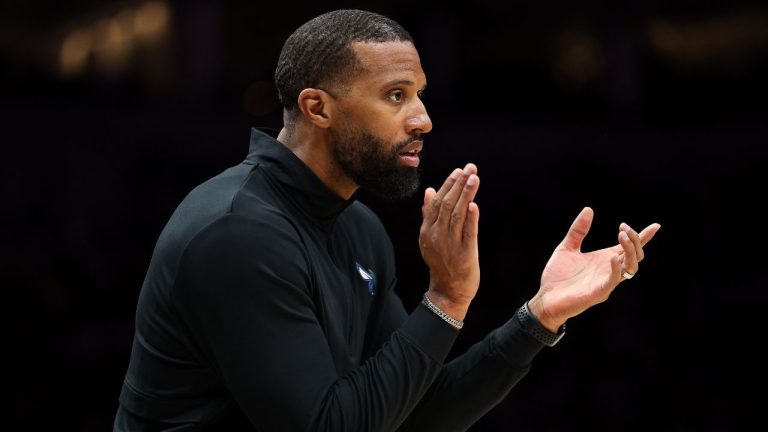 Charlotte Hornets head coach Charles Lee reacts during the first half of an NBA basketball game against the Minnesota Timberwolves, Sunday, April 5, 2026, in Minneapolis. (Matt Krohn/AP)