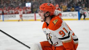 Anaheim Ducks center Leo Carlsson (91) celebrates after scoring against the Vegas Golden Knights during the third period of Game 2 of a second-round NHL hockey Stanley Cup playoff series Wednesday, May 6, 2026, in Las Vegas. (John Locher/AP)