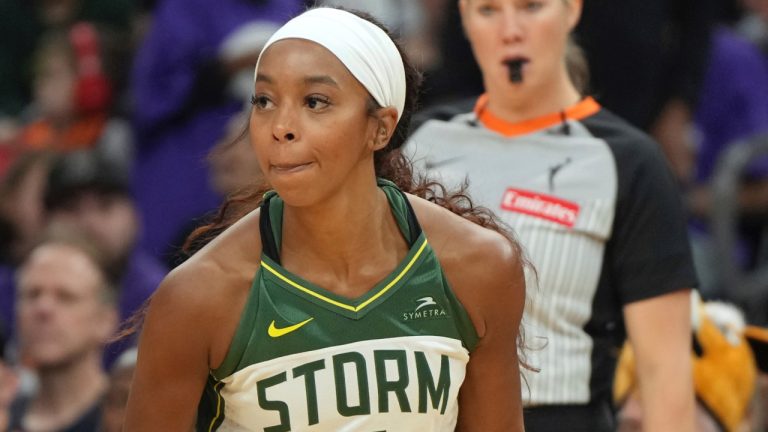 Seattle Storm guard Lexie Brown (8) during a WNBA basketball game against the Phoenix Mercury in Phoenix, Saturday, May 17, 2025. (Rick Scuteri/AP)