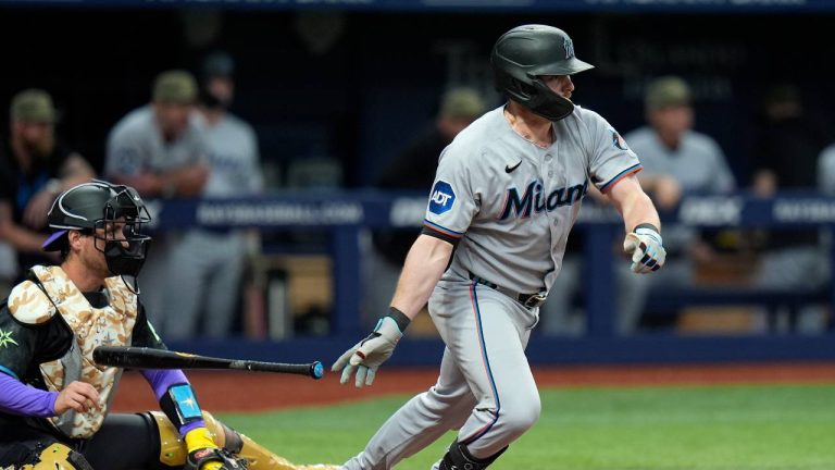 Miami Marlins' Liam Hicks watches his two-run single off Tampa Bay Rays pitcher Hunter Bigge during the 10th inning of a baseball game Saturday, May 16, 2026, in St. Petersburg, Fla. (Chris O'Meara/AP)