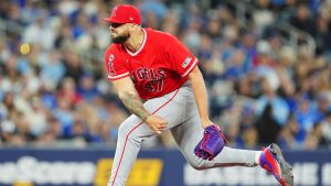 Los Angeles Angels pitcher Alek Manoah (47) works against the Toronto Blue Jays during eighth inning MLB baseball action in Toronto on Friday, May 8, 2026. (Frank Gunn/CP)