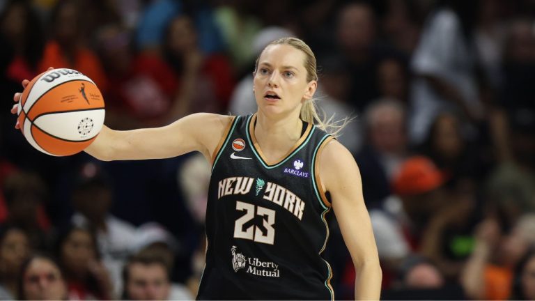 New York Liberty guard Marine Johannes (23) dribbles the ball during a WNBA basketball game against the Washington Mystics, Sunday, May 10, 2026, in Washington. (Daniel Kucin Jr./AP)