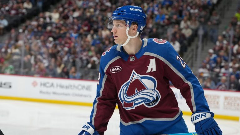 Colorado Avalanche centre Nathan MacKinnon (29) in the second period of an NHL hockey game Thursday, April 9, 2026, in Denver. (David Zalubowski/AP)