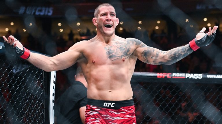 Middleweight fighter Marc-Andre Barriault reacts following a win at a UFC event. (Graham Hughes/CP)
