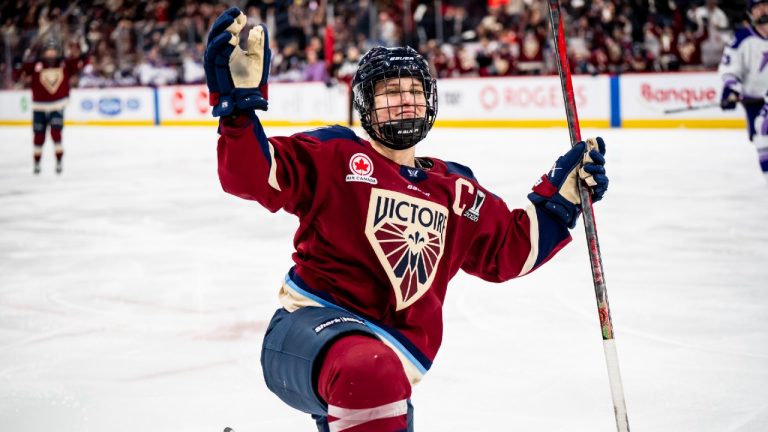 Marie-Philip Poulin (29) celebrates her game-winning goal against the Minnesota Frost during third overtime period PWHL playoff hockey action in Laval, Que., on Tuesday, May 5, 2026. (Christopher Katsarov/CP)