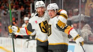 Vegas Golden Knights right wing Mitch Marner, right, celebrates his goal with defenseman Noah Hanifin during the second period in Game 3 of a second-round NHL hockey Stanley Cup playoff series against the Anaheim Ducks, Friday, May 8, 2026, in Anaheim, Calif. (Mark J. Terrill/AP)