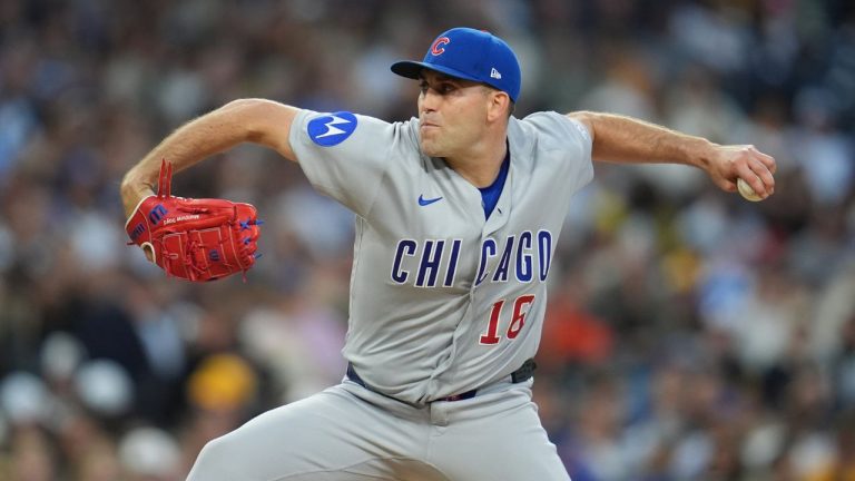Chicago Cubs starting pitcher Matthew Boyd works against a San Diego Padres batter during the second inning of a baseball game Monday, April 27, 2026, in San Diego. (AP/Gregory Bull)