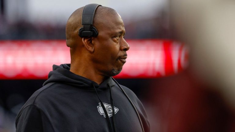 Kansas City Chiefs defensive backs coach Dave Merritt stands on the sideline during the first half of an NFL football game against the New England Patriots, Dec. 17, 2023, in Foxborough, Mass. (Greg M. Cooper/AP)