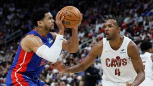 Detroit Pistons forward Tobias Harris, left, looks for a shot against Cleveland Cavaliers center Evan Mobley (4) during the first half of Game 7 in a second-round NBA basketball playoffs series, Sunday, May 17, 2026, in Detroit. (Duane Burleson/AP)