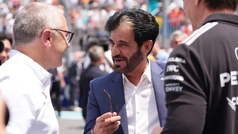 FIA president Mohammed Ben Sulayem greets people before a sprint auto race at the Miami Formula One Grand Prix, Saturday, May 2, 2026, in Miami Gardens, Fla. (Rebecca Blackwell/AP)