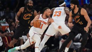 New York Knicks' Jalen Brunson (11) moves around the Cleveland Cavaliers defense during the first half of Game 1 in the Eastern Conference finals NBA basketball playoffs series Tuesday, May 19, 2026, in New York. (Seth Wenig/AP)