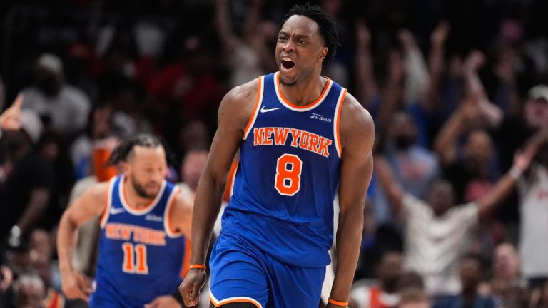 New York Knicks forward Og Anunoby (8) reacts after scoring during the first half of Game 4 in a first-round NBA playoffs basketball series against the Atlanta Hawks Saturday, April 25, 2026, in Atlanta. (Brynn Anderson/AP)